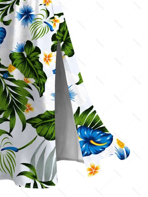 Hawaii Vacation Couple Outfit Tropical Plumeria Floral Palm Leaf Anthurium Print Lace Hollow Out Slit Dress and Shirt Set - Blanc S | US 4