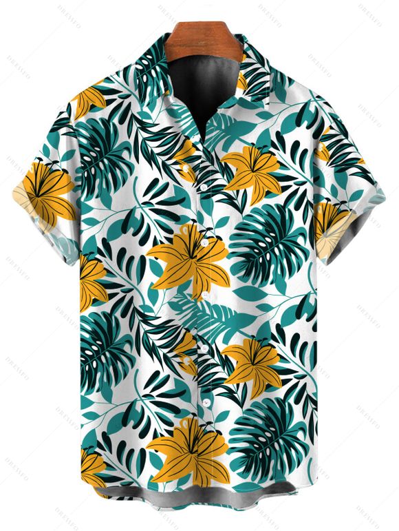 Hawaii Vacation Couple Outfit Lily Floral Tropical Palm Leaf Pattern Lace Hollow Out Slit Dress and Shirt Set - PLANT GREEN S | US 4