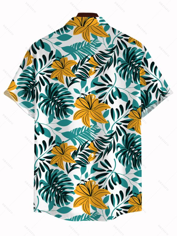 Hawaii Vacation Couple Outfit Lily Floral Tropical Palm Leaf Pattern Lace Hollow Out Slit Dress and Shirt Set - PLANT GREEN S | US 4