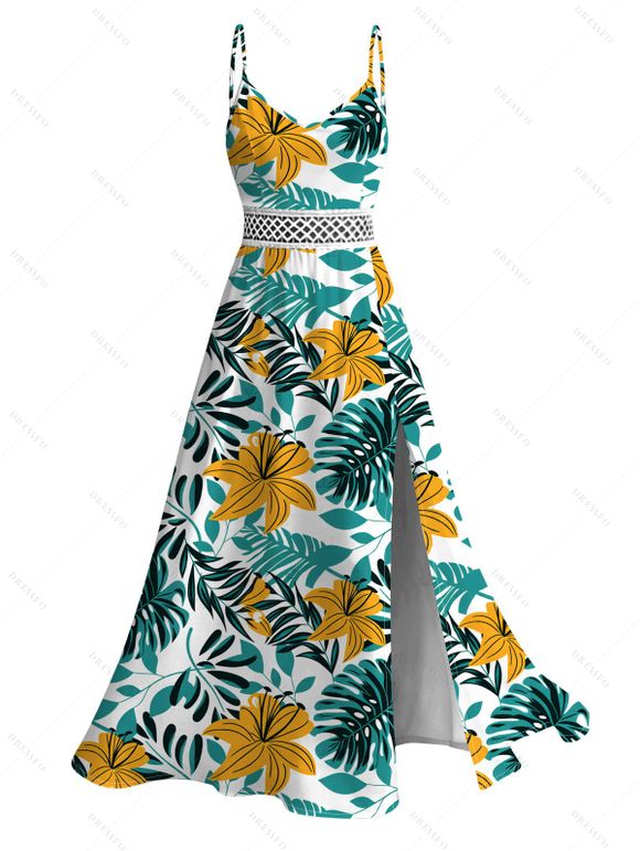 Hawaii Vacation Couple Outfit Lily Floral Tropical Palm Leaf Pattern Lace Hollow Out Slit Dress and Shirt Set - PLANT GREEN S | US 4