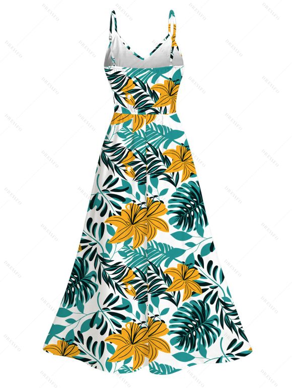 Hawaii Vacation Couple Outfit Lily Floral Tropical Palm Leaf Pattern Lace Hollow Out Slit Dress and Shirt Set - PLANT GREEN S | US 4
