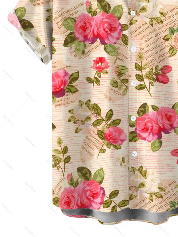 Country Style Couple Outfit Vintage Newspaper Rose Print Ruched Bust Belt Dress and Shirt Set - Abricot S | US 4
