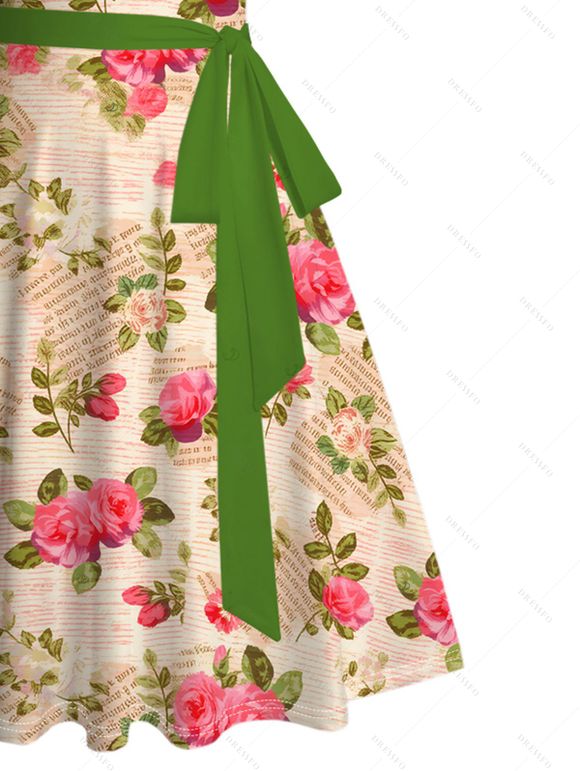 Country Style Couple Outfit Vintage Newspaper Rose Print Ruched Bust Belt Dress and Shirt Set - Abricot S | US 4