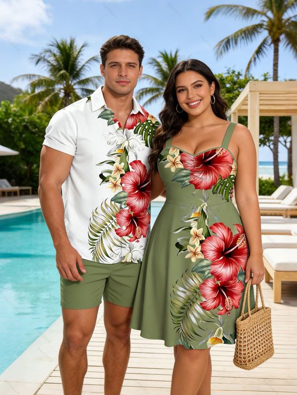 Hawaii Vacation Couple Outfit Hibiscus Floral Palm Leaf Pattern Ruched Bust Mini Dress and Shirt Set - multicolor S | US 4