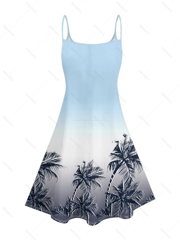 Vacation Outfit for Beach Ombre Coconut Tree Pattern Spaghetti Strap Tank Dress and Open Front Knit Cropped Cardigan Set - Bleu Poudre S | US 4