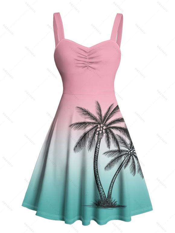 Vacation Outfit for Beach Ombre Coconut Tree Print Ruched Bust Mini Dress and Open Front Knit Cropped Cardigan Set - Rose S | US 4