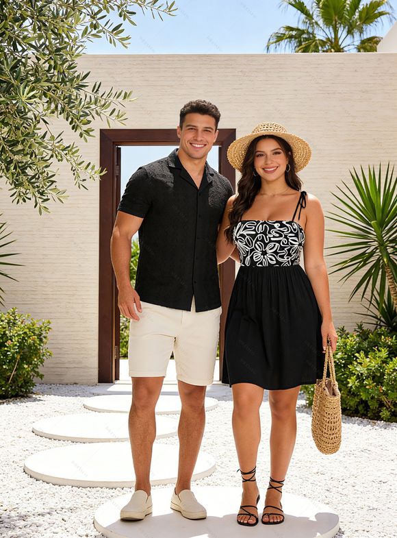 Vintage Vacation Couple Outfit Sketch Floral Pattern Tied Shoulder Pocket Dress and Geometric Hollow Out Shirt Set - BLACK S | US 4