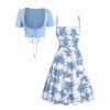 Ensemble vacances : robe mini à bretelles spaghetti imprimée florale et top court uni en dentelle - Bleu clair S | US 4