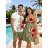 Hawaii Vacation Couple Outfit Hibiscus Floral Palm Leaf Pattern Ruched Bust Mini Dress and Shirt Set - multicolor S | US 4