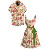 Country Style Couple Outfit Vintage Newspaper Rose Print Ruched Bust Belt Dress and Shirt Set - Abricot S | US 4