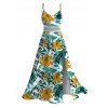 Hawaii Vacation Couple Outfit Lily Floral Tropical Palm Leaf Pattern Lace Hollow Out Slit Dress and Shirt Set - PLANT GREEN S | US 4