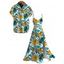 Hawaii Vacation Couple Outfit Lily Floral Tropical Palm Leaf Pattern Lace Hollow Out Slit Dress and Shirt Set - PLANT GREEN S | US 4