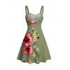 Hawaii Vacation Dress Hibiscus Floral Palm Leaf Pattern Ruched Bust Mini Dress - Olive Verte XXXXXL | US 20