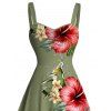 Hawaii Vacation Dress Hibiscus Floral Palm Leaf Pattern Ruched Bust Mini Dress - Olive Verte XXXXXL | US 20