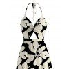 Hawaii Vacation Halter Dress Plumeria Floral Tribal Print Twisted Cut Out Bowknot Slit Dress - Noir XXL | US 14