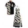 Hawaii Vacation Couple Outfit Plumeria Floral Tribal Print Twisted Cut Out Bowknot Slit Halter Dress and Shirt Set - Noir S | US 4