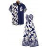 Hawaii Couple Outfit Tribal Hibiscus Floral Print Bowknot Off the Shoulder Jumpsuit and Shirt Set - Bleu profond S | US 4
