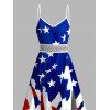 Independence Day Couple Outfit American Flag Elements Print Lace Hollow Out Slit Dress and Shirt Patriotic Set - Blanc S | US 4