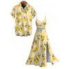 Fresh Style Vacation Couple Outfit Lemon Plumeria Floral Pattern Lace Hollow Out Slit Dress and Shirt Set - Jaune clair S | US 4