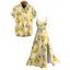 Fresh Style Vacation Couple Outfit Lemon Plumeria Floral Pattern Lace Hollow Out Slit Dress and Shirt Set - Jaune clair S | US 4