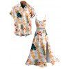 Hawaii Vacation Couple Outfit Geometric Tropical Floral Leaf Pattern Lace Hollow Out Slit Dress and Shirt Set - Blanc S | US 4