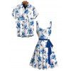 Hawaii Vacation Couple Outfit Porcelain Style Ink Painting Flower Pattern Ruched Bust Belt Dress and Shirt Set - Blanc S | US 4