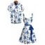 Hawaii Vacation Couple Outfit Porcelain Style Ink Painting Flower Pattern Ruched Bust Belt Dress and Shirt Set - Blanc S | US 4