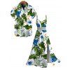 Hawaii Vacation Couple Outfit Tropical Plumeria Floral Palm Leaf Anthurium Print Lace Hollow Out Slit Dress and Shirt Set - Blanc S | US 4