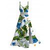 Hawaii Vacation Couple Outfit Tropical Plumeria Floral Palm Leaf Anthurium Print Lace Hollow Out Slit Dress and Shirt Set - Blanc S | US 4