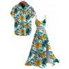 Hawaii Vacation Couple Outfit Lily Floral Tropical Palm Leaf Pattern Lace Hollow Out Slit Dress and Shirt Set - PLANT GREEN S | US 4
