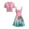Vacation Outfit for Beach Ombre Coconut Tree Print Ruched Bust Mini Dress and Open Front Knit Cropped Cardigan Set - Rose S | US 4