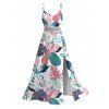 Hawaii Vacation Dress Colorblock Tropical Monstera Leaf Print Lace Hollow Out Slit Dress - Blanc M | US 6