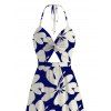 Hawaii Vacation Couple Outfit Plumeria Floral Tribal Print Twisted Cut Out Bowknot Slit Halter Dress and Shirt Set - Bleu profond S | US 4