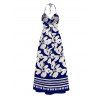 Hawaii Vacation Couple Outfit Plumeria Floral Tribal Print Twisted Cut Out Bowknot Slit Halter Dress and Shirt Set - Bleu profond S | US 4