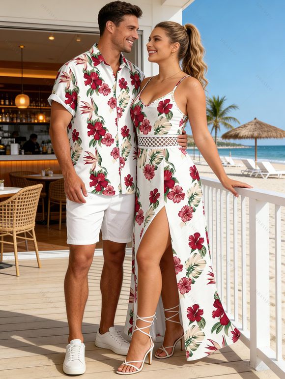 Hawaii Vacation Couple Outfit Tropical Hibiscus Floral Leaf Print Lace Hollow Out Slit Dress and Shirt Set - Blanc S | US 4