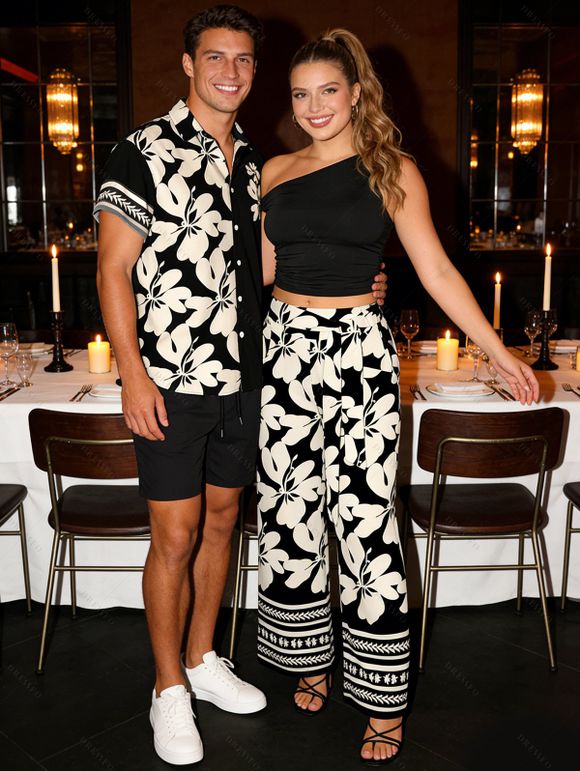 Vacation Couple Outfit Skew Neck Ruched Tank Top Tribal Hibiscus Floral Print Belt Pants and Shirt Shorts Set - BLACK S | US 4