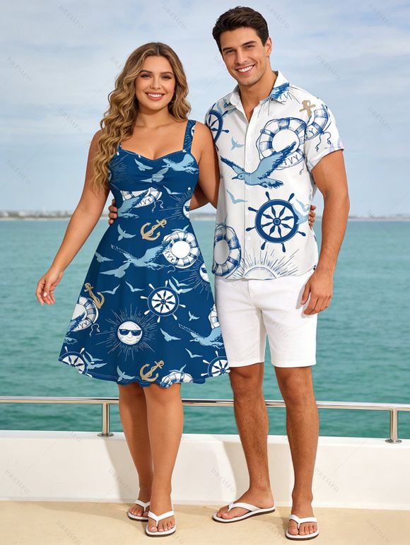 Vacation Couple Outfit Nautical Style Ship Wheel Seagull Print Ruched Dress and Shirt Set - DEEP BLUE S | US 4