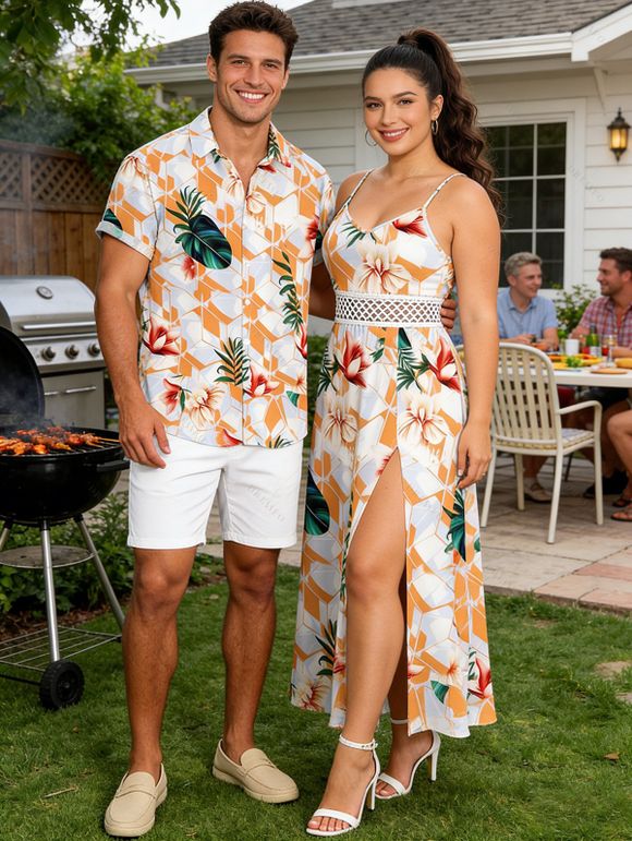 Hawaii Vacation Couple Outfit Geometric Tropical Floral Leaf Pattern Lace Hollow Out Slit Dress and Shirt Set - Blanc S | US 4
