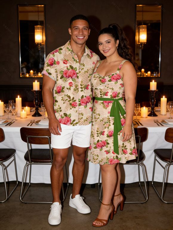 Country Style Couple Outfit Vintage Newspaper Rose Print Ruched Bust Belt Dress and Shirt Set - Abricot S | US 4