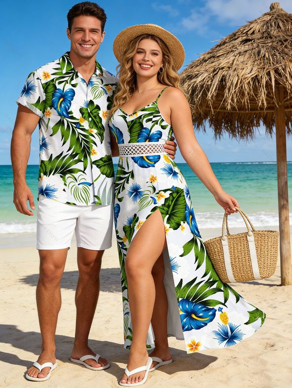 Hawaii Vacation Couple Outfit Tropical Plumeria Floral Palm Leaf Anthurium Print Lace Hollow Out Slit Dress and Shirt Set - WHITE S | US 4