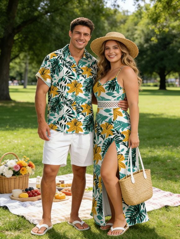 Hawaii Vacation Couple Outfit Lily Floral Tropical Palm Leaf Pattern Lace Hollow Out Slit Dress and Shirt Set - PLANT GREEN S | US 4
