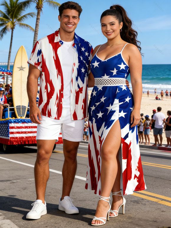 Independence Day Couple Outfit American Flag Elements Print Lace Hollow Out Slit Dress and Shirt Patriotic Set - WHITE S | US 4