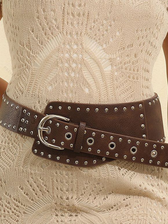 Vintage Punk Style Wide Belt Rivet Curved Metal Plate Belt - Brun 
