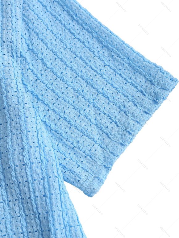 Men's Casual Shirt Textured Knitted Solid Color Button Up Shirt - Bleu clair M