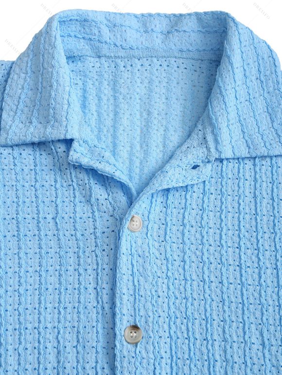 Men's Casual Shirt Textured Knitted Solid Color Button Up Shirt - Bleu clair M