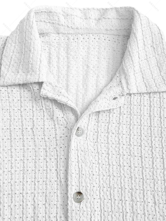 Men's Casual Shirt Textured Knitted Solid Color Button Up Shirt - Blanc XL