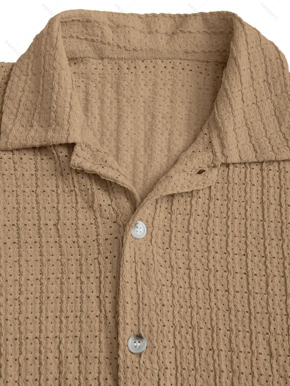 Men's Casual Shirt Textured Knitted Solid Color Button Up Shirt - café lumière M