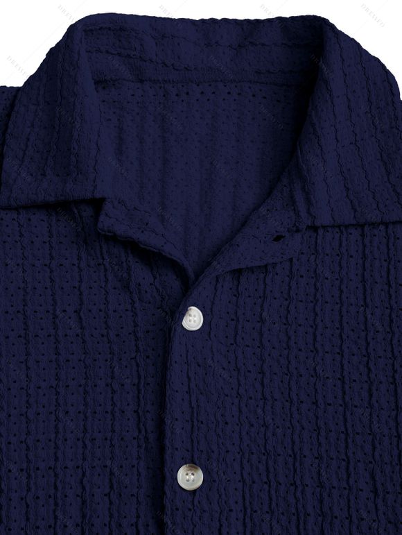 Men's Casual Shirt Textured Knitted Solid Color Button Up Shirt - Bleu profond 2XL