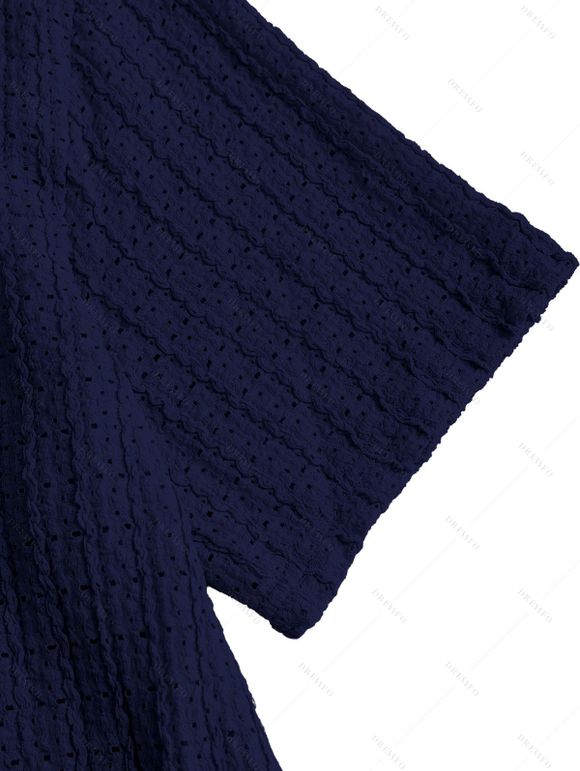 Men's Casual Shirt Textured Knitted Solid Color Button Up Shirt - Bleu profond 2XL