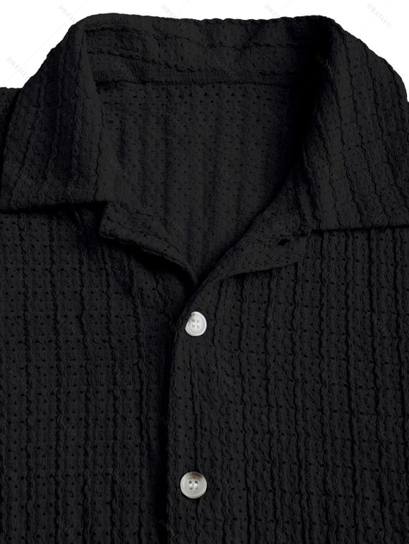 Men's Casual Shirt Textured Knitted Solid Color Button Up Shirt - Noir 2XL